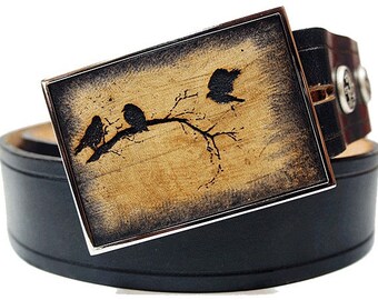 Inlay Leather Belt Buckle - Night of Crows