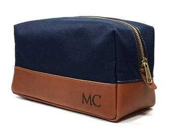 Groomsmen Gifts - Engraved Leather Dopp Kit - Navy & Tan