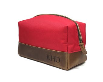 Personalized Dopp Kit - Mens Toiletry Bag- Red Canvas & Crazy Horse Leather