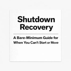 Pode incluir: Cartão quadrado branco com o texto "Shutdown Recovery" em negrito preto. Abaixo, uma linha horizontal e o texto "A Bare-Minimum Guide for When You Can't Start or Move" em preto.