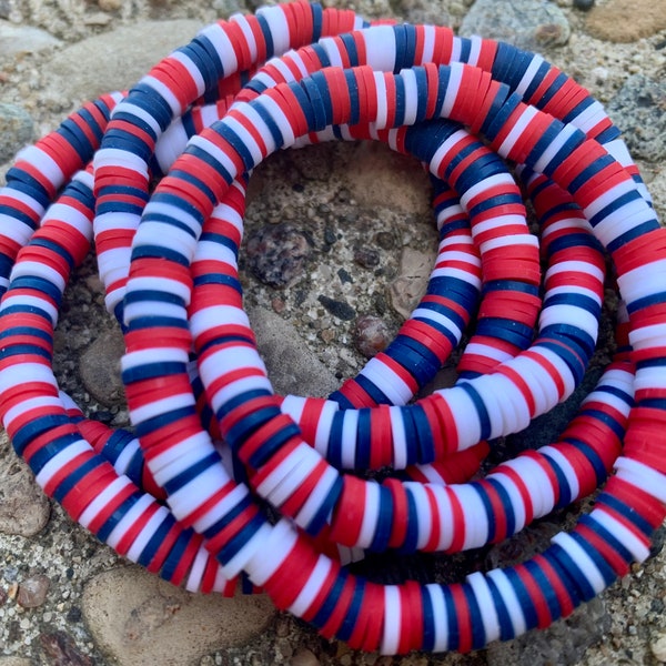 Red White & Blue-Patriotic Heishi Disc Beaded Stretch bracelets-Stacking Bracelet-6mm soft vinyl disc-Beach Bracelet- summer Bracelet
