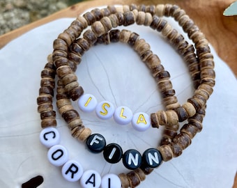 Coconut Shell Surfer Bracelet with Name, Beach Jewelry, Beach inspired Gift, Vacation Bracelet, Coconut Wood Bead Bracelet for Him or Her