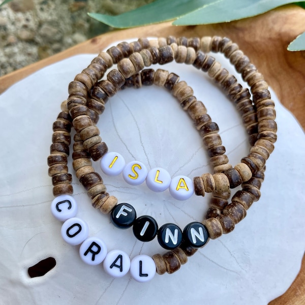 Coconut Shell Surfer Bracelet with Name, Beach Jewelry, Beach inspired Gift, Vacation Bracelet, Coconut Wood Bead Bracelet for Him or Her