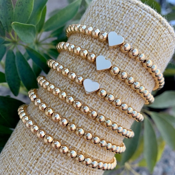 Gold Heart Bracelet, Gold Ball Bead Stacking Bracelet, 18k Gold  Beads, Layering Bracelet, Arm Candy, Valentines Gift