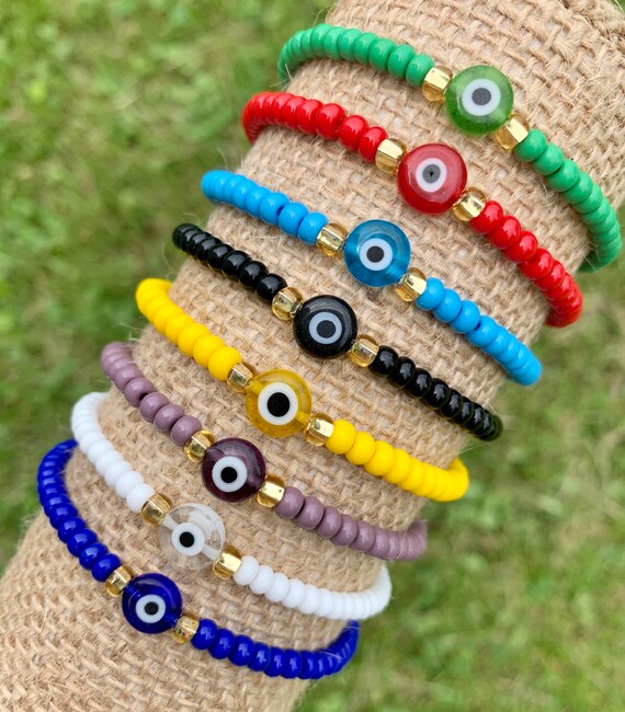 Clay Bead Bracelet - EVIL EYE STONE With Blue, White & Silver Accents HAND  MADE