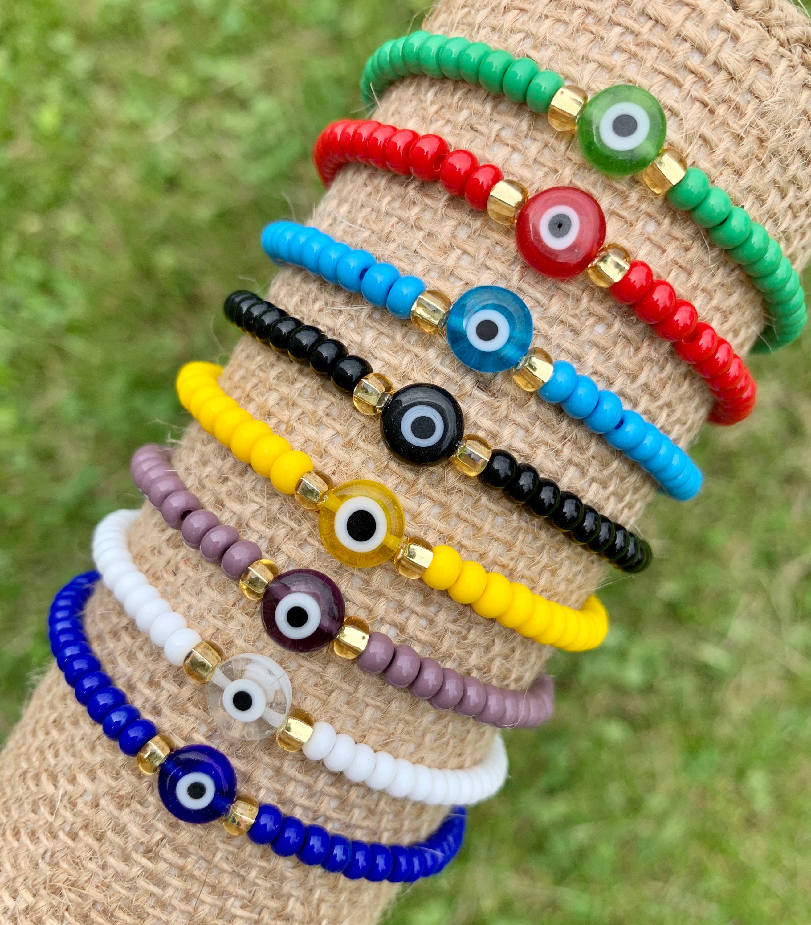 Handmade Polymer Clay Heishi Beads Stretch Bracelets Set, Love Word Acrylic Beads Bracelets, Smiling Face and Evil Eye Beads LUCKY