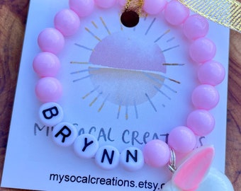 Bunny Charm Bracelet, Easter Name Bracelet, Easter Jewelry for Girls Toddler, Pink Bunny Bracelet, Easter Basket Filler Gift, Personalized