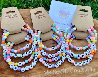 Positive Sayings Bracelet Set, Boho Rainbow, Motivational Gift, Inspirational Jewelry, Women and Girls Bracelets, Focus Word Bracelet