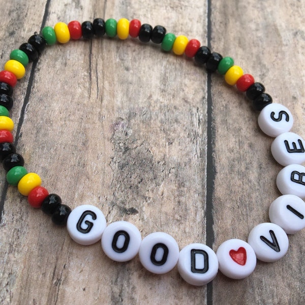 Name Bracelet, Personalized, Reggae, Rasta Beaded Stretch Bracelet, 4mm Czech Glass Beads, stacking Bracelet, jamaica, good vibes