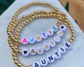 Auntie Bracelet, Personalized Beaded Bracelet, Gold Bead Bracelet, Auntie Gift, Aunt Bracelet, Name Bracelet, Gift for Her, Stretch Bracelet