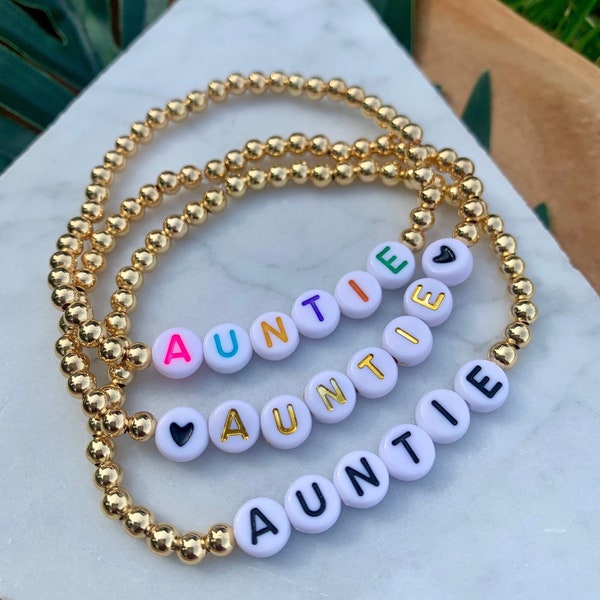 Auntie Bracelet, Personalized Beaded Bracelet, Gold Bead Bracelet, Auntie Gift, Aunt Bracelet, Name Bracelet, Gift for Her, Stretch Bracelet