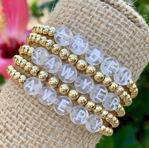 Gold Personalized Bracelet 18k Gold Beads Beaded Stretch Name Bracelet Stacking Name Bracelet Stackable Neutrals Clear Letter Beads Etsy Canada