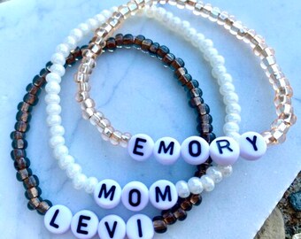 Neutral Beaded Name Bracelets, Alphabet Bracelets, Kids Name Jewelry, Stacking Bead Bracelets Personalized, Gift for Mom