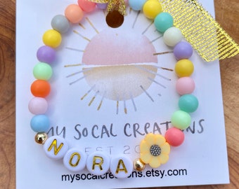 Beaded Flower Bracelet, Daisy Name Bracelet, Boho Sunflower Bracelet, Flower Girl Gift, Spring Pastel Jewelry, Popular Gift Girls Toddlers