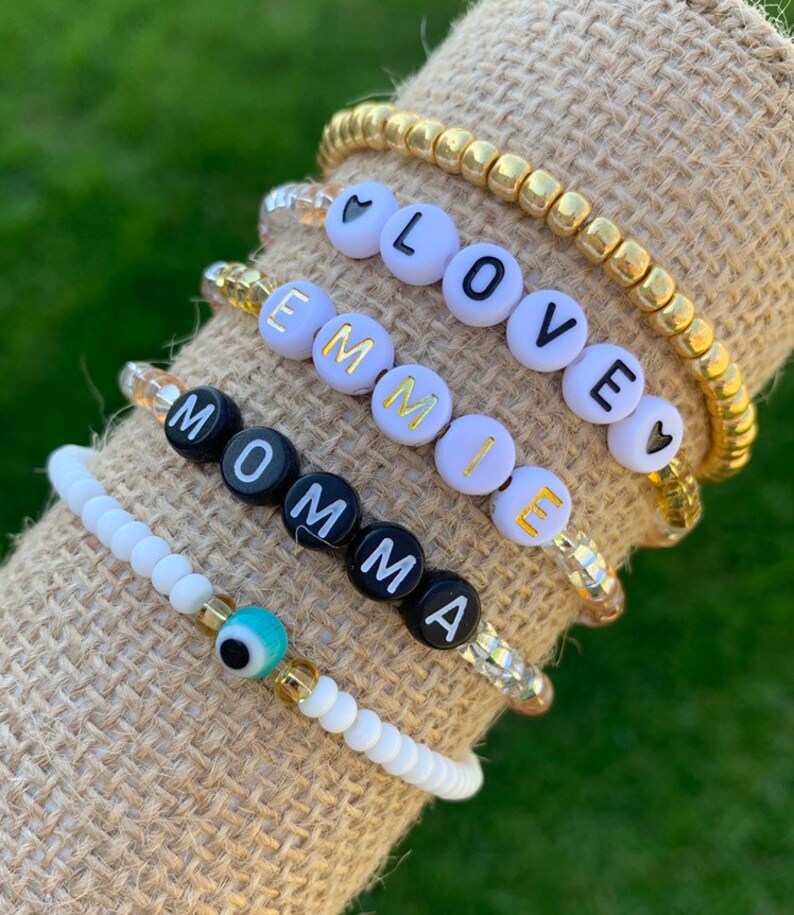 Personalized Beaded Stretch Name Braceletmetallic Sparkle Etsy Israel