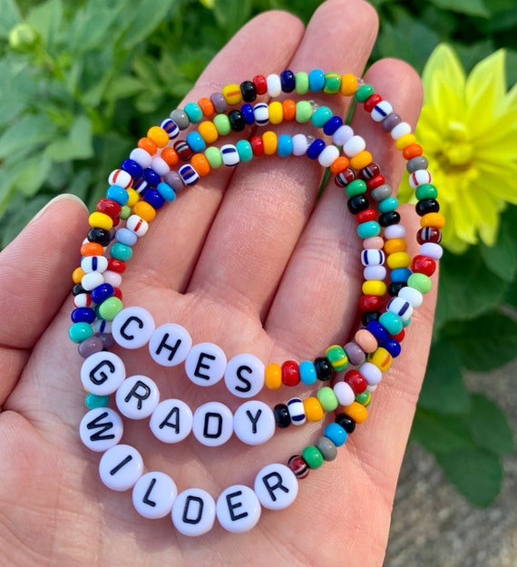 Personalized Beaded Stretch Bracelet-stackable-id Bracelet-white Letter  Beads-4mm Czech Glass Multicolor Opaque and Striped Mix-letter Bead 