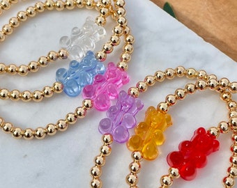 Gummy Bear Stretch Bracelet, 4mm Gold Bead Gummy Bear Charm Bracelet, Candy Jewelry for Women and Girls, Bracelet Stack, Gummy Bear Gift