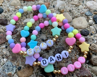 Girls Bracelet, Personalized Beaded Stretch Bracelet, Name Bracelet, Matte Pastel Beads, Girls Bracelet, Name Bracelet, Star Bracelet