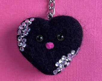 Needle Felted Black Heart Bag Charm – Sparkly Silver Whimsical Keychain Accessories