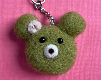 Needle Felted Green Matcha Bear Bag Charm – Animal Whimsical Keychain Accessories