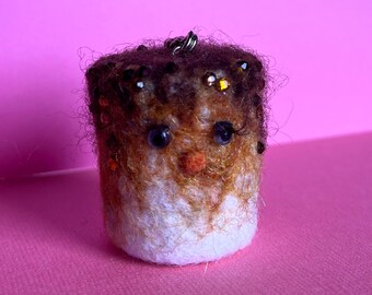 Needle Felted Toasted Marshmallow Bag Charm – Golden Sweet Dessert Food Whimsical Keychain Accessories