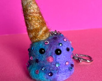 Needle Felted Ice Cream Cone Bag Charm – Purple Blue Whimsical Keychain Accessories