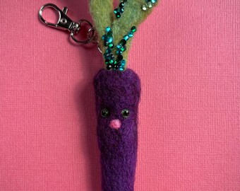 Needle Felted Purple Carrot Bag Charm – Vegetable Food Garden Whimsical Keychain Accessories