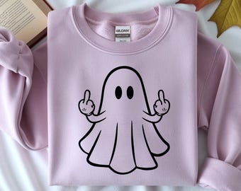 Funny Middle Finger Ghost Sweatshirt – Halloween Sassy Ghost Pullover – Edgy Spooky Crewneck