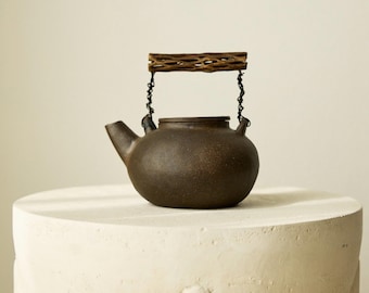 Tetera artesanal de gres bruñido, mango de madera de cholla, estilo wabi-sabi, 473 ml (16 oz).