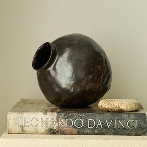 Handmade Sculptural Ceramic Vase – Black, Dark brown Finish, 10” – Contemporary Art Pottery
