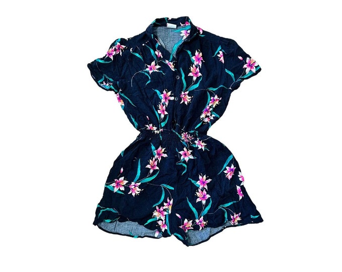 Vintage Floral Romper Black Womens Jumper Pleated Elastic Waist Button Front Short Sleeve Shorts Size  Medium Large