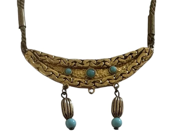 Vintage Hammered Crescent Collar Necklace with Blue Beading and Rope Clasp
