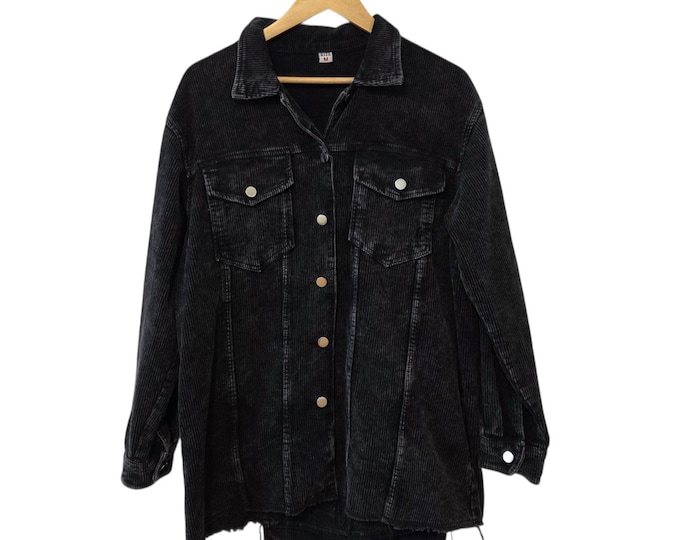 Distressed Black Corduroy Shirt Jacket Shacket Raw Hem Silver Buttons Front Pockets 90s Grunge Rocker Streetwear Oversized Medium Women