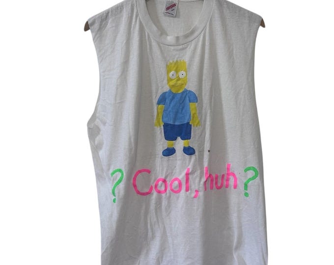 Weird Hand Painted Graphic Muscle Tee Tank Top Cool Huh Bart Simpson Lookalike Cartoon Size Large