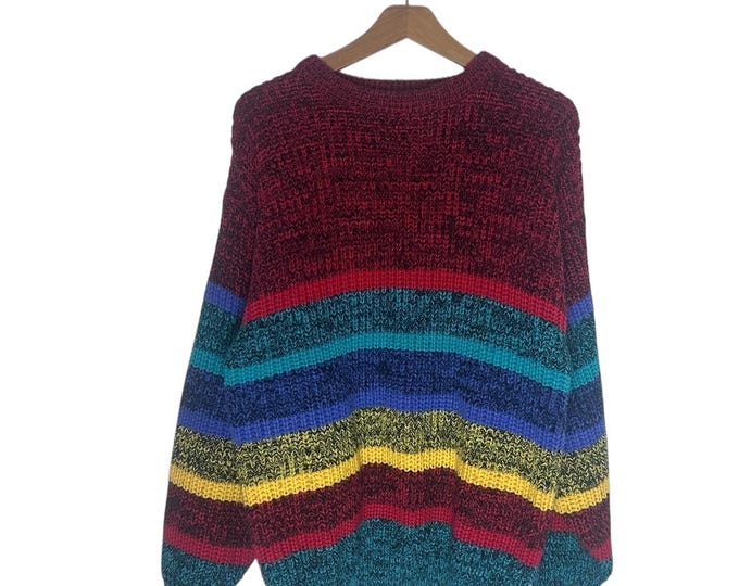 90s Striped Knit Colorful Sweater Bright Colors Rainbow Horizontal Stripes Size Medium Vintage Saturdays Pullover