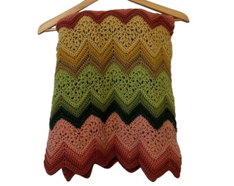Vintage Handmade Chevron Crochet Blanket Green Pink Gold Multicolor Afghan Blanket Scalloped Edges Size 65" L x 45" W