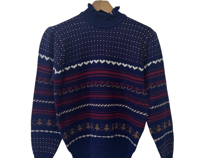 Womens Ruffled Cuff Sweater Navy Blue Red White Brown Fair Isle Pullover Berries Vintage Sweater