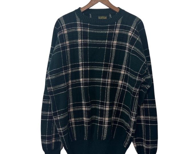 Green Plaid Wool Sweater Evergreen Quality Knitwear Pullover Size Large with Damage