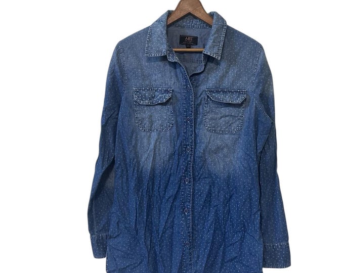 Star Spangled Chambray Shirt Faded Print Button Down Womens Denim Blue Blouse Size Large