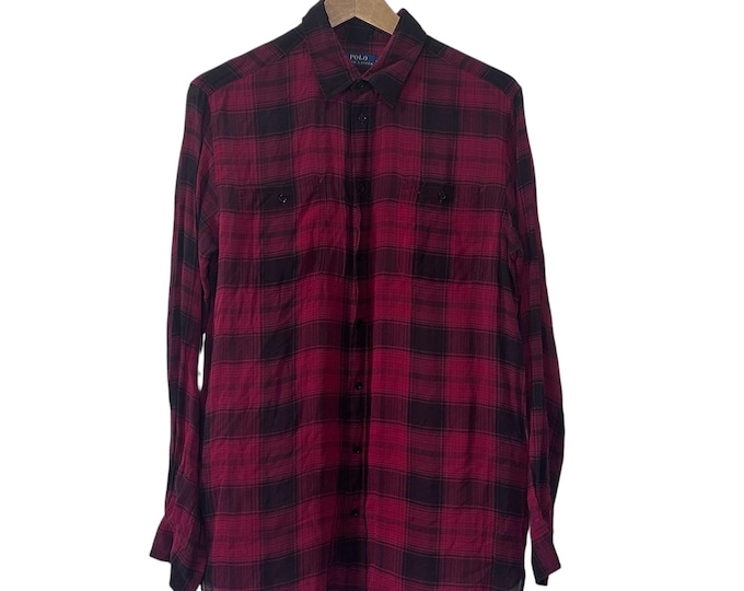 Sheer Silk Red Black Plaid Blouse Women's See Through Fabric Polo Ralph Lauren Size 14 Long Length Shirt