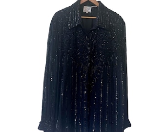 Vintage Beaded Silk Blouse: Black Sheer Long Sleeve Button-Down, 3X