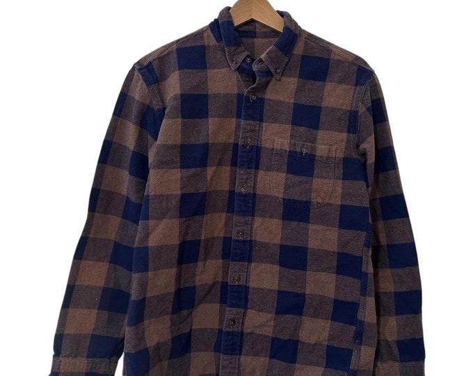 Buffalo Plaid Flannel with Suede Elbow Patches Brown Navy Blue Thick Cotton Mens Size Small