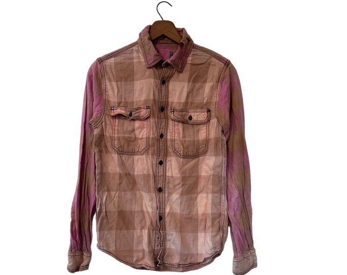 Faded Out Bleach Washed Flannel Shirt Pink Peach Rust Unisex Size XS