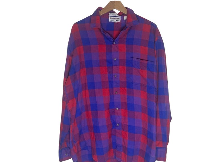80s McGregor Contemporary Buffalo Checked Plaid Button Down Shirt Red Purple Blue Checks Button Down Fitted Size XL