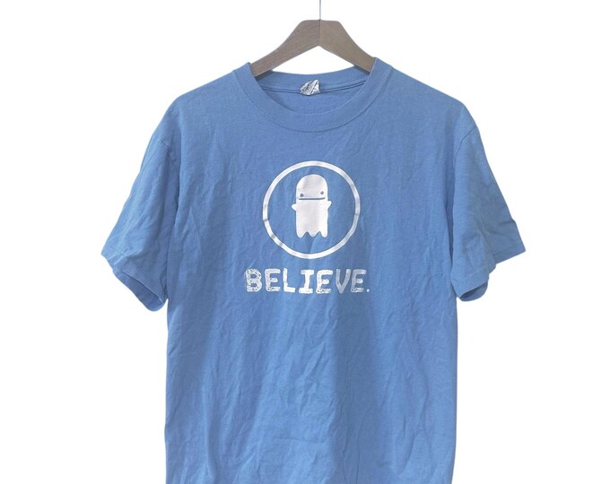 Believe Paranormal Ghost Cartoon T-Shirt Light Blue Size Medium