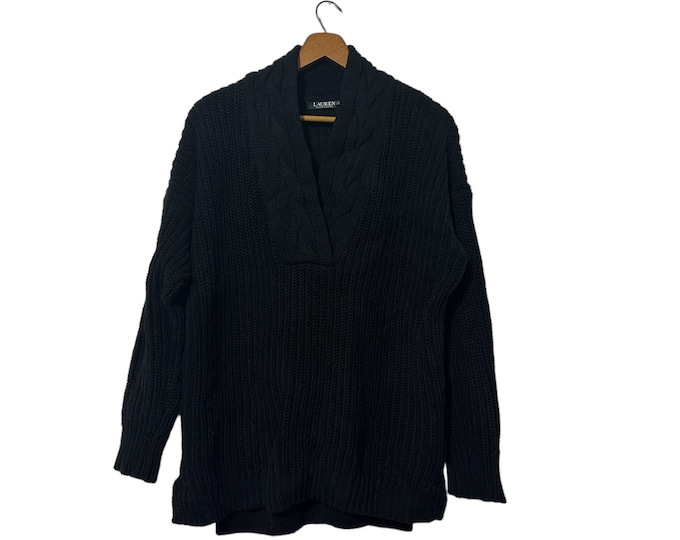 Solid Black Ralph Lauren Women's Shawl Neck Pullover Sweater Ribbed Knit Comfy Cotton Size Large Women