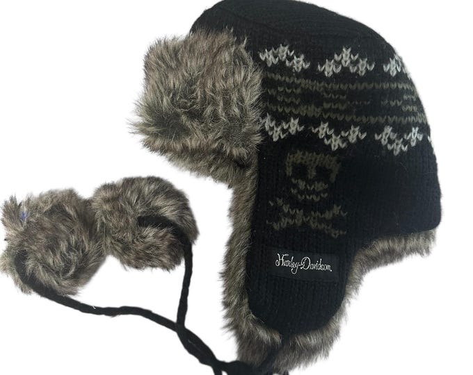 Harley Davidson Fur Trapper Hat Black Skull Crossbone Knit Winter Hat