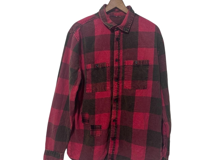 Patched Buffalo Plaid Red Black Checkered Pattern Acid Wash Button Down Flannel Shirt Size Medium