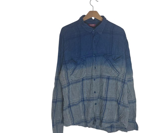 Blue Half Dyed Flannel Shirt Gray Plaid Upper Dye Size Large