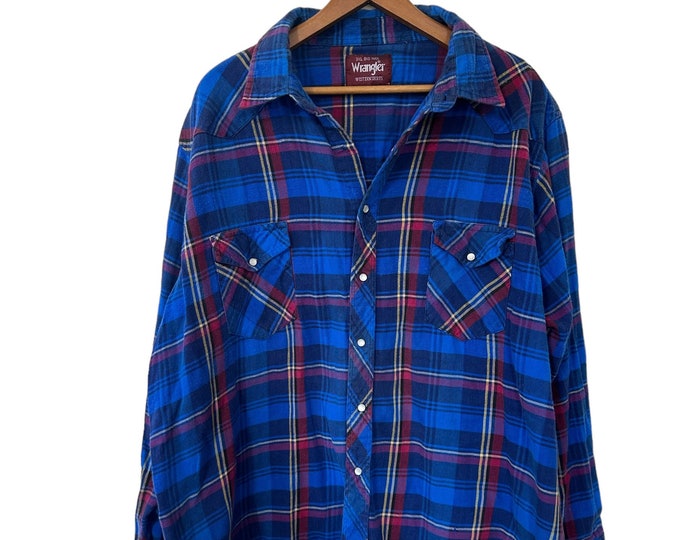 3XL Big Man Western Shirts Wrangler Blue Plaid Flannel Shirt with Pearl Snap Buttons Cotton Long Sleeve Flannel Shirt - Minor Damage